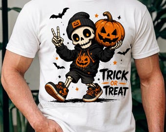 Trick Or Treat Skeleton PNG: Halloween Pumpkin Skeleton Clipart Spooky Retro Halloween png Trick Or Treat (Digital Download Skeleton Hallowe