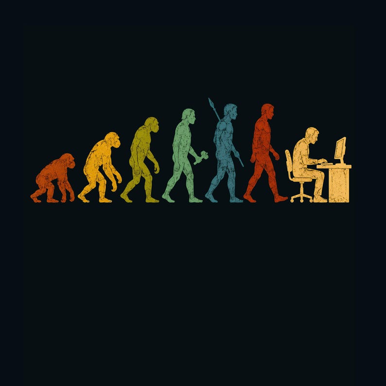 Puede incluir: Una ilustraci&oacute;n gr&aacute;fica que representa las etapas de la evoluci&oacute;n humana, comenzando con un primate y progresando a trav&eacute;s de varias formas de hom&iacute;nidos, terminando con una persona sentada en un escritorio usando una computadora, todo en un estilo desgastado.