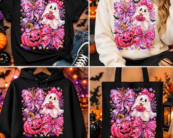 Preppy Ghost coquette PNG, pink ghost Bow PNG, coquette halloween PNG, Girly halloween png, cute ghost png, Spooky Season
