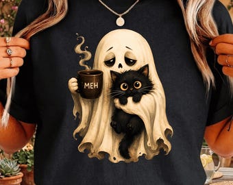 Geisterkatze (PNG), Gruselige schwarze Katze für Halloween (digitaler Download), Lustiges Katzenmotiv für Kaffeeliebhaber, Niedliches Geisterkätzchen-Shirt (PNG)