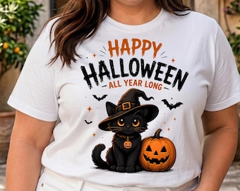 Spooky Halloween Black Cat PNG: Retro Happy Halloween T-shirt, black cat PNG, black cat happy Halloween all year long, Happy Halloween 2026