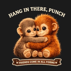 May include: An illustration of two cartoon monkeys hugging, with the text "HANG IN THERE, PUNCH" above them. Below the monkeys is a banner that reads "FRIENDS COME IN ALL FORMS". The monkeys are brown and orange with big eyes.