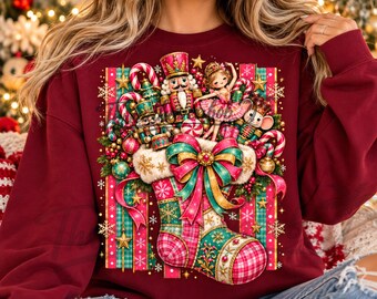 Nutcracker Christmas Stocking PNG, Ballerina Christmas PNG, Pink Plaid Nutcracker, Ballet Christmas Design, Girly Christmas PNG, (Digital )
