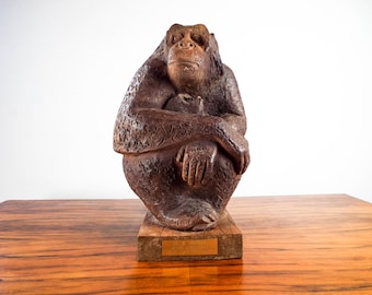 Vintage Clay Sculpture Chimpanzee Mother & Child Art Work Eda Martinek Henry 82, Unique Zoo Animal Home Decoration for Table Statue