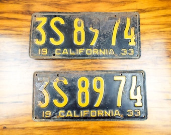 Vintage 1933 California Pair Of Car License Plates 3S 89 74 Original Matched Set, Unique Mancave Decor Wall Hanging Signs Black and Yellow