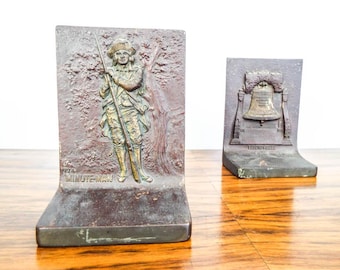 Vintage Brass Bookends, 1774 Minute Man and Liberty Bell, Americana Decor