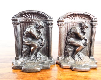 Vintage 1920s Bronze Art Pair Of Bookends The Thinker Rodins Sculpture G D 2, Unique Artwork Library Decor Decoration, Gifts for Readers