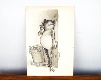Vintage 1960s Signed Original Art Montyne Ink Wash Gouache Frog Art Whimsical, Unique Whimsical Baby Nursery Wall Hanging Decoration