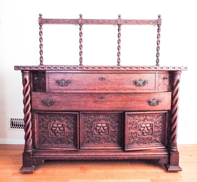 Antique Oak Wooden Carved Dresser Wood Console Lions Bedroom Dresser 1890s 1900 Unique Large Gothic Wooden Furniture For Historical Home