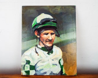 Contemporary Oil On Wood Panel Horse Racing Jockey Silks Colors A Weeks 2002 #10, Unique Equestrian Riding Man with Green Color Portrait Art