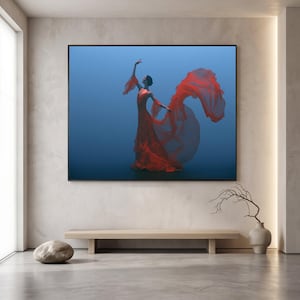 Elegant Red Dress Ballet Dancer Canvas, Flowing Fabric Wall Art, Graceful Dance Pose, Modern Home Decoration, Artistic Canvas Print image 1