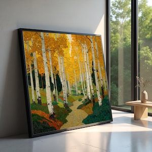 Peut inclure: Une œuvre d'art murale rectangulaire encadrée représentant une forêt avec de grands bouleaux blancs aux feuilles d'automne jaunes. Un sentier sinueux traverse le centre des arbres, entouré d'un feuillage au sol vert et orange.