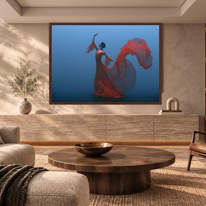 Elegant Red Dress Ballet Dancer Canvas, Flowing Fabric Wall Art, Graceful Dance Pose, Modern Home Decoration, Artistic Canvas Print image 3
