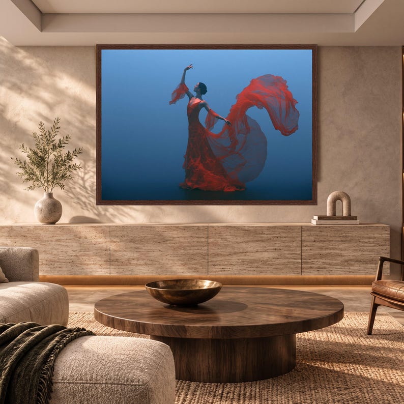 Elegant Red Dress Ballet Dancer Canvas, Flowing Fabric Wall Art, Graceful Dance Pose, Modern Home Decoration, Artistic Canvas Print image 3