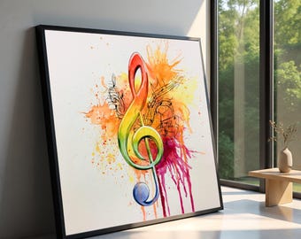 Colorful Treble Clef Canvas, Music Note Wall Art, Vibrant Watercolor Design, Modern Bedroom Decor, Artistic Music Canvas