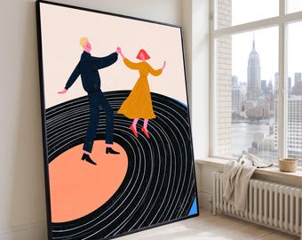 Dancing Couple Illustration Canvas, Abstract Love Art, Modern Romantic Wall Decor, Playful Home Decoration, Colorful Canvas Print