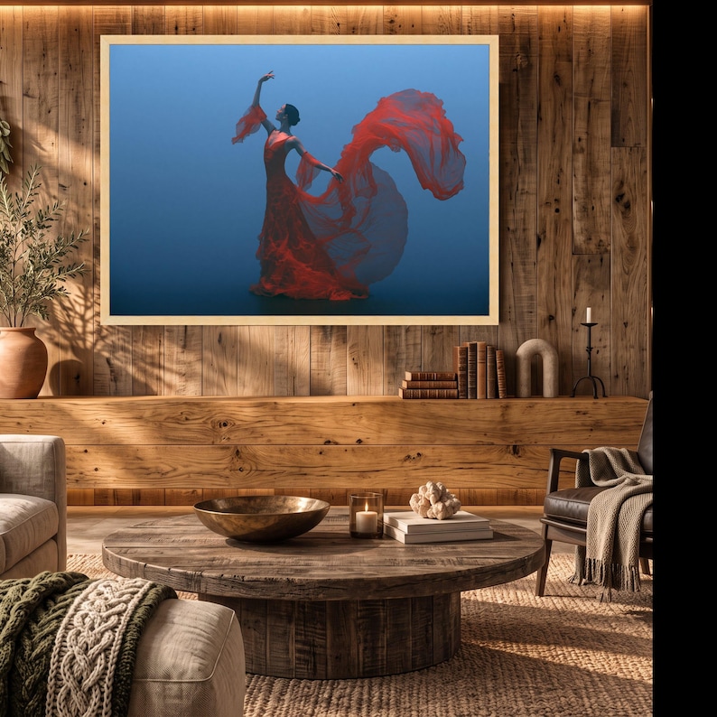 Elegant Red Dress Ballet Dancer Canvas, Flowing Fabric Wall Art, Graceful Dance Pose, Modern Home Decoration, Artistic Canvas Print image 8