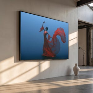 Elegant Red Dress Ballet Dancer Canvas, Flowing Fabric Wall Art, Graceful Dance Pose, Modern Home Decoration, Artistic Canvas Print image 2