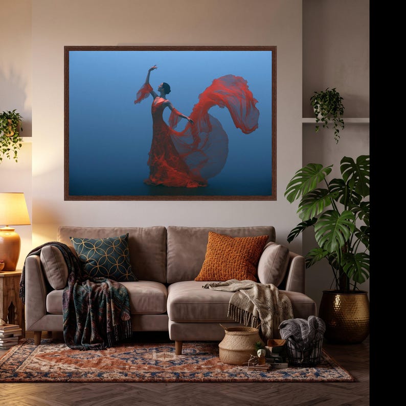 Elegant Red Dress Ballet Dancer Canvas, Flowing Fabric Wall Art, Graceful Dance Pose, Modern Home Decoration, Artistic Canvas Print image 9