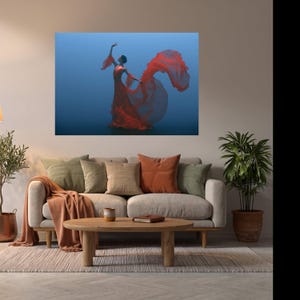 Elegant Red Dress Ballet Dancer Canvas, Flowing Fabric Wall Art, Graceful Dance Pose, Modern Home Decoration, Artistic Canvas Print image 6