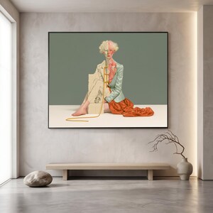 May include: A surreal digital artwork depicting a figure with a split appearance, featuring a pale, sketch-like side and a textured, reddish anatomical side. The figure wears a light blue blazer and a flowing orange skirt, sitting on a white surface.
