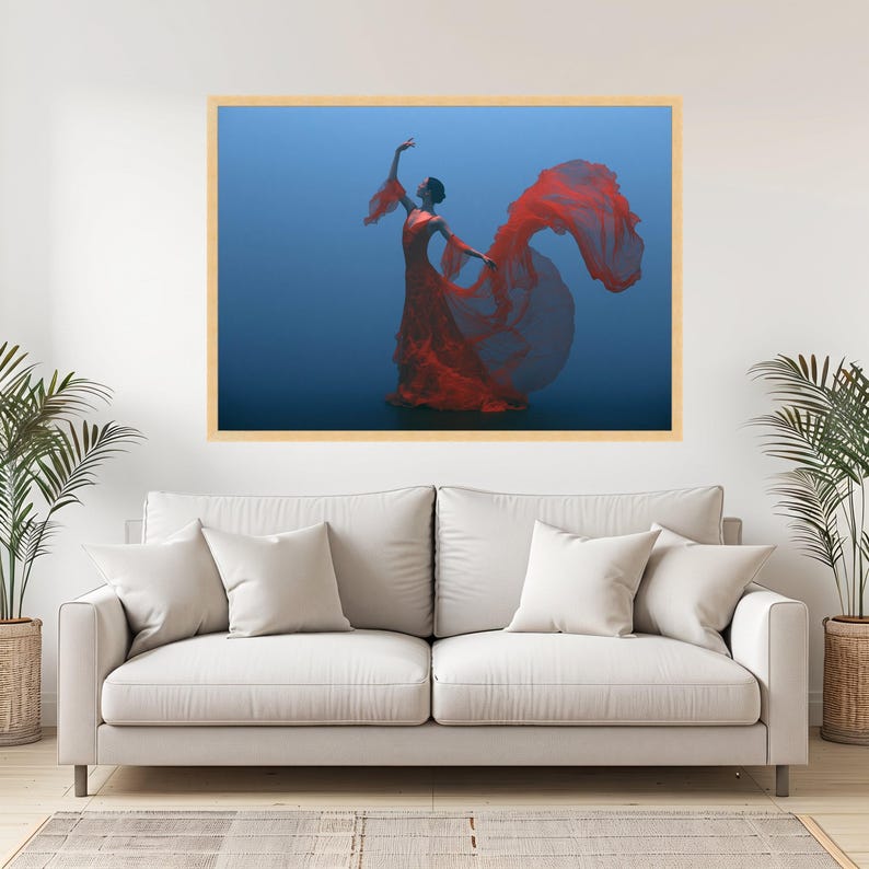 Elegant Red Dress Ballet Dancer Canvas, Flowing Fabric Wall Art, Graceful Dance Pose, Modern Home Decoration, Artistic Canvas Print image 4