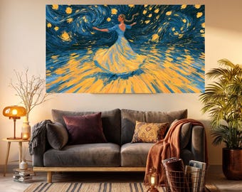 Woman Dancing Under Starry Sky Canvas, Swirling Night Sky Wall Art, Blue and Yellow Home Decor, Elegant Ballet Movement Canvas
