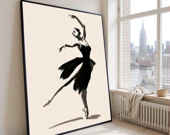 Elegant Ballet Dancer Canvas, Black Dress Dance Art, Minimalist Wall Decor, Contemporary Ballet Painting, Graceful Movement Canvas