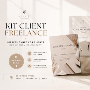 Kit Client Freelance Canva | Questionnaire Client, Guide de Collaboration, Moodboard, Devis, Facture & Reçu | Pack Expérience Client
