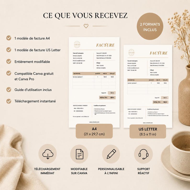 May include: Two invoice templates, one A4 (21 x 29.7 cm) and one US Letter (8.5 x 11 in), are displayed. The design is beige with the word "FACTURE" at the top. The image also includes icons for instant download, Canva compatibility, and customization.
