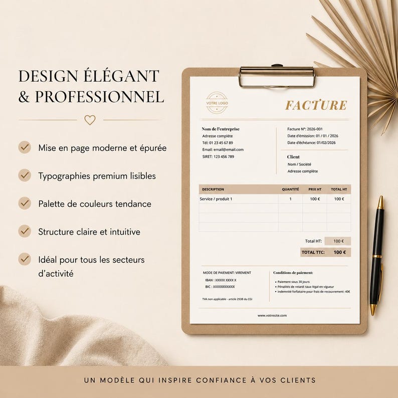 May include: A professional invoice template with the text "DESIGN &Eacute;L&Eacute;GANT & PROFESSIONNEL" and "FACTURE". The design includes a gold logo, a black pen, and a beige clipboard. The invoice details include service, quantity, and price.
