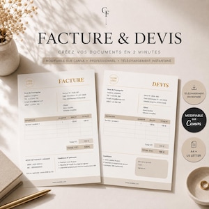 Peut inclure: Modèle de facture et devis numérique avec le texte "FACTURE & DEVIS". Le modèle comprend des champs pour les détails de l'entreprise, les descriptions, les quantités et les totaux. Design minimaliste en beige et blanc.