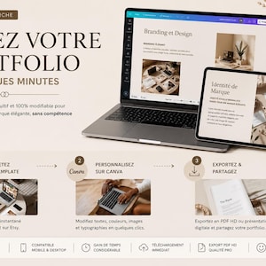 Puede incluir: Un port&aacute;til y una tableta muestran una plantilla de branding y dise&ntilde;o. La imagen incluye el texto "CR&Eacute;EZ VOTRE PORTFOLIO EN QUELQUES MINUTES" e instrucciones sobre c&oacute;mo crear un portafolio con Canva. Tambi&eacute;n se ve un jarr&oacute;n con flores secas.