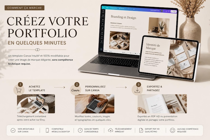 Puede incluir: Un port&aacute;til y una tableta muestran una plantilla de branding y dise&ntilde;o. La imagen incluye el texto "CR&Eacute;EZ VOTRE PORTFOLIO EN QUELQUES MINUTES" e instrucciones sobre c&oacute;mo crear un portafolio con Canva. Tambi&eacute;n se ve un jarr&oacute;n con flores secas.