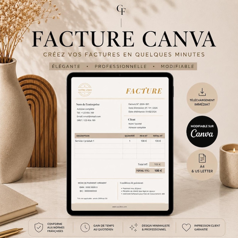 May include: A digital invoice template on a tablet, with the text "FACTURE CANVA" and "CREATE YOUR INVOICES IN MINUTES". The design is elegant, professional, and modifiable. Includes a logo, invoice details, and payment terms.