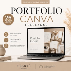 Puede incluir: Un port&aacute;til muestra una plantilla de portafolio con el texto "Portfolio Cr&eacute;atif" y "CANVA FREELANCE". La imagen incluye el texto "26 PAGES PREMIUM" y "100% MODIFIABLE SUR CANVA". Un jarr&oacute;n y un libro est&aacute;n sobre la mesa.