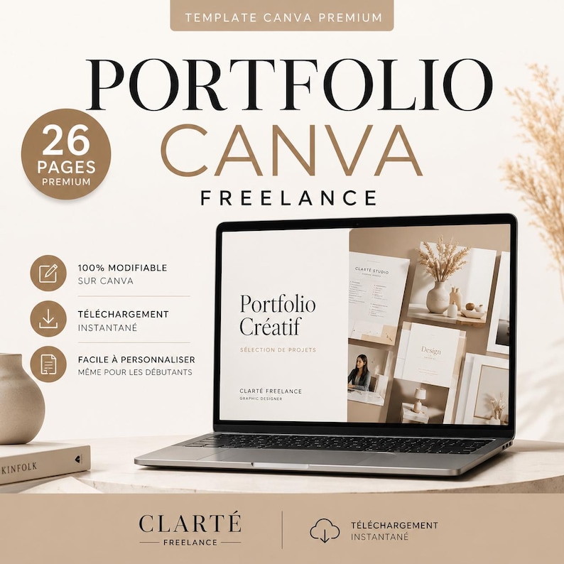 Puede incluir: Un port&aacute;til muestra una plantilla de portafolio con el texto "Portfolio Cr&eacute;atif" y "CANVA FREELANCE". La imagen incluye el texto "26 PAGES PREMIUM" y "100% MODIFIABLE SUR CANVA". Un jarr&oacute;n y un libro est&aacute;n sobre la mesa.