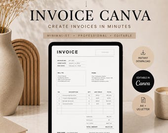 Plantilla de factura editable en Canva | Factura minimalista para autónomos | Plantilla de factura para pequeñas empresas | Factura en blanco y negro | Descarga instantánea