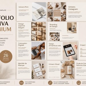 Puede incluir: Una plantilla de portafolio digital de Canva con un dise&ntilde;o minimalista. El dise&ntilde;o presenta varios elementos de dise&ntilde;o, incluyendo texto, im&aacute;genes y gr&aacute;ficos. La plantilla incluye 26 p&aacute;ginas y es personalizable. La paleta de colores es neutra, con tonos beige y marr&oacute;n.