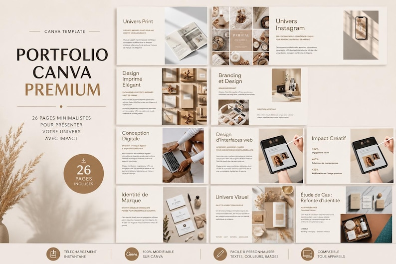 Puede incluir: Una plantilla de portafolio digital de Canva con un dise&ntilde;o minimalista. El dise&ntilde;o presenta varios elementos de dise&ntilde;o, incluyendo texto, im&aacute;genes y gr&aacute;ficos. La plantilla incluye 26 p&aacute;ginas y es personalizable. La paleta de colores es neutra, con tonos beige y marr&oacute;n.