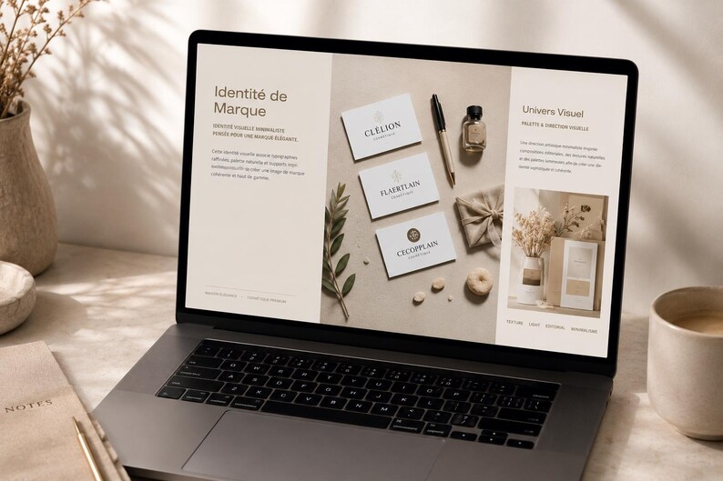 Puede incluir: Un ordenador port&aacute;til muestra un dise&ntilde;o web con las palabras "Identit&eacute; de Marque" y "Univers Visuel". La pantalla muestra tarjetas de visita, un bol&iacute;grafo, una botella peque&ntilde;a y un regalo envuelto. Tambi&eacute;n se ven un cuaderno, un bol&iacute;grafo y una taza de caf&eacute;.