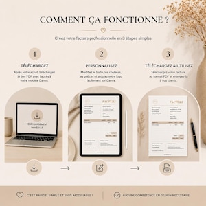 May include: An infographic with the title "COMMENT &Ccedil;A FONCTIONNE ?" shows the steps to create a professional invoice. The steps are: download, personalize, and download & use. A laptop, tablet, and printed invoice are shown. Text includes "T&Eacute;L&Eacute;CHARGEMENT IMM&Eacute;DIAT" and "FACTURE".