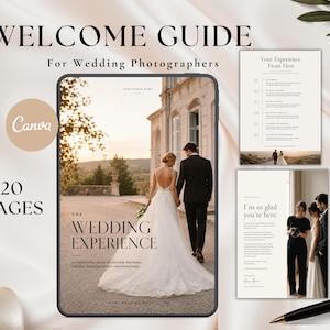 May include: A 20-page digital welcome guide template for wedding photographers, featuring a cover page with a couple walking outdoors, and two interior pages with text and photography. The design includes the text Welcome Guide and Canva.