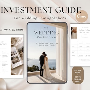 Peut inclure: Un modèle de guide d'investissement pour photographes de mariage de 8 pages comprenant une couverture avec un couple face à la mer, une page intitulée Make It Your Own et une grille tarifaire. Le texte inclut Investment Guide et Canva.