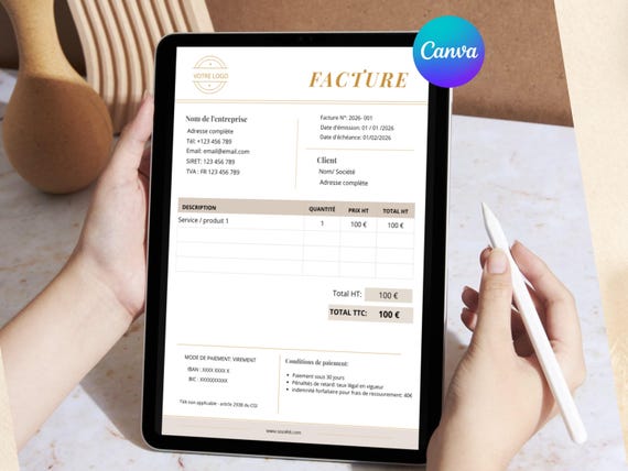 Modèle de facture Canva professionnel | Facture A4 & US Letter Template facture freelance auto-entrepreneur | Invoice template editable PDF
