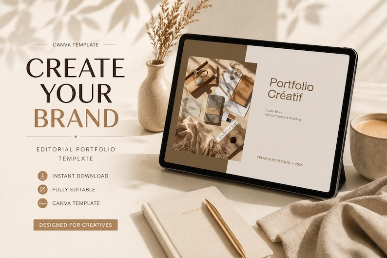 Puede incluir: Una tableta digital muestra una plantilla de portafolio con el texto "Portfolio Cr&eacute;atif". La imagen incluye un cuaderno, un bol&iacute;grafo, una taza de caf&eacute; y un jarr&oacute;n decorativo con plantas secas. Tambi&eacute;n se ve el texto "Create Your Brand".