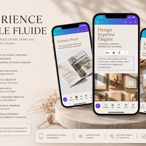 Puede incluir: Tres smartphones muestran plantillas de dise&ntilde;o. Las pantallas muestran texto e im&aacute;genes, incluyendo un dise&ntilde;o de revista y dise&ntilde;os de tarjetas de visita. Los tel&eacute;fonos est&aacute;n sobre una superficie clara y texturizada.