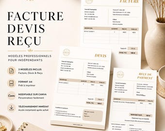 Freelance Invoice, Quote, and Receipt Template (Canva) | Editable Invoice Template | Compliant French Invoice | Instant Download