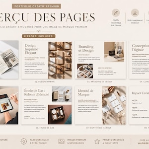 Puede incluir: Dise&ntilde;o de portafolio de marketing digital con ocho p&aacute;ginas, que muestra ejemplos de dise&ntilde;o, branding e interfaz web. El dise&ntilde;o incluye texto en franc&eacute;s, con iconos de compatibilidad con Canva y plantillas descargables. El dise&ntilde;o tiene una paleta de colores neutros.