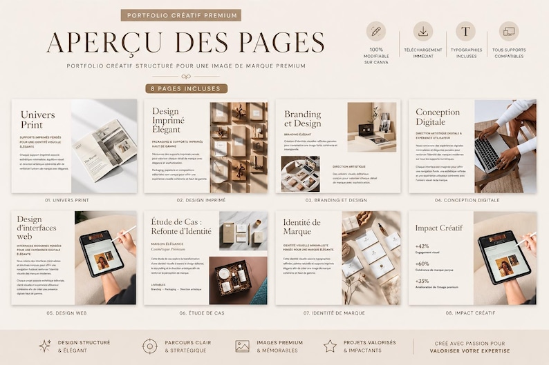 Puede incluir: Dise&ntilde;o de portafolio de marketing digital con ocho p&aacute;ginas, que muestra ejemplos de dise&ntilde;o, branding e interfaz web. El dise&ntilde;o incluye texto en franc&eacute;s, con iconos de compatibilidad con Canva y plantillas descargables. El dise&ntilde;o tiene una paleta de colores neutros.